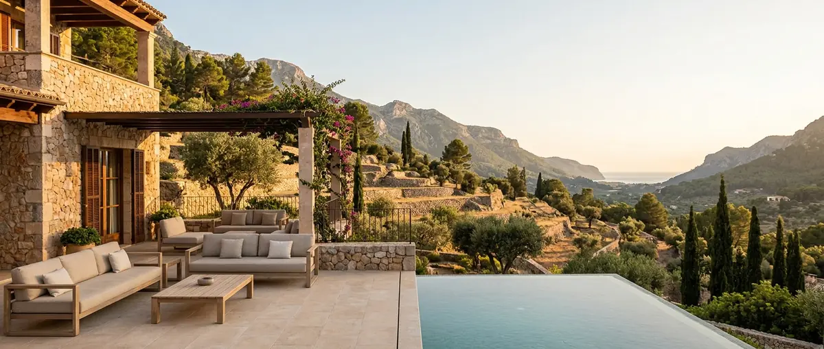Terraza de una finca de piedra con piscina y vistas a la Serra de Tramuntana, en Mallorca